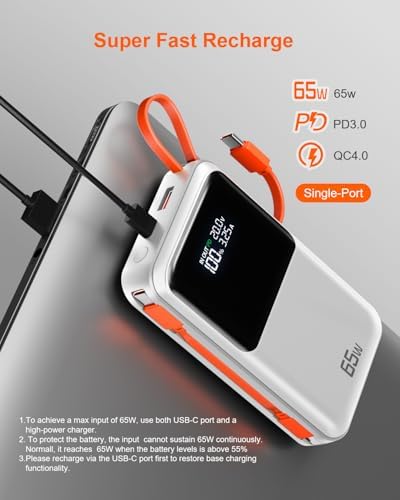 Ultimate 65 W Portable Laptop Power Bank – 27,000 m Ah Triple Port Fast Charger with Integrated USB-C & Lightning Cables | TSA-Compliant for Hassle-Free Travel | Smart Display & Enhanced Safety Features for Mac Book, i Phone, & Steam Deck | Your Essential On-the-Go Charging Solution for Maximum Productivity
