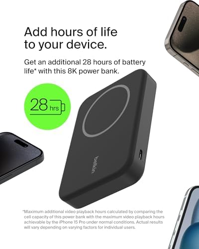 Belkin 5000 m Ah Wireless Power Bank with Qi2 Technology – Mag Safe-Compatible Portable Charger Featuring Built-in Kickstand for i Phone 16, 15, 14, 13, Plus, Pro, Pro Max – Sleek White Design for Seamless Charging on the Go – Optimal Speed & Versatile Compatibility