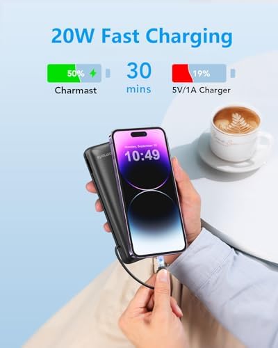 Charmast Ultra-Fast 20000 m Ah Portable Charger with Integrated Cables and Wall Plug – Universal Compatibility for i Phone 16/15/14/13, Samsung, Google, i Pad – Sleek Design, Rapid 20 W USB-C Power Delivery for On-the-Go Charging Solutions