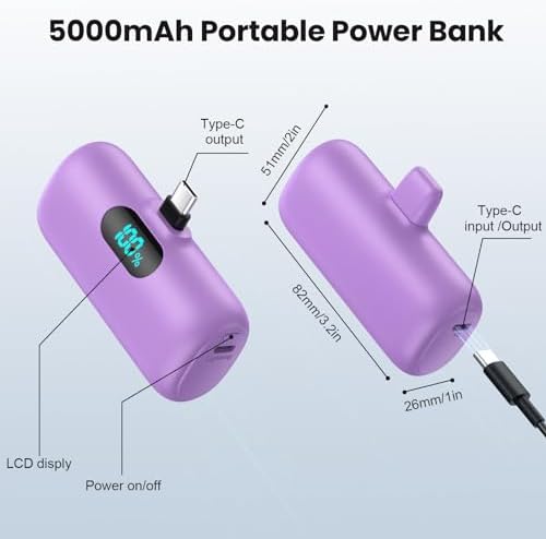 Ultra-Compact 5000 m Ah USB-C Power Bank – Fast Charging Mini Portable Charger with Built-in Connector & LCD Display – Perfect for i Phone 15, i Pad Pro, and Android Devices – Lightweight and Travel-Friendly Power Solution for On-the-Go Connectivity