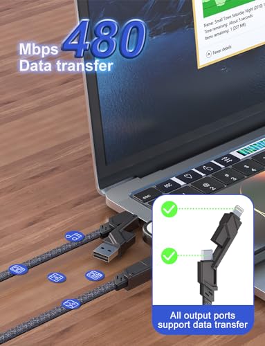 Ultimate 4-in-1 USB C and Lightning Cable – 10 Ft Flat Braided Charging Cord with 60 W Fast Charging, MFi Certified Compatibility for i Phone, i Pad, Mac Book, Samsung – Perfect for Apple Car Play & Android Auto Integration – Enhanced Durability and Versatility for Seamless Data Sync and Power Delivery