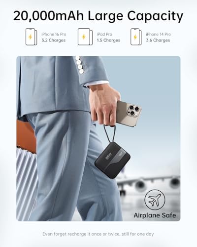 W&P Ultimate Travel Power Bank: 20,000 m Ah Portable Charger with Built-in Cables & AC Plug for 35 W Fast Charging – Ideal for i Phone 16/15/14/13/12 Pro, i Pad, Mac Book Air & Samsung Devices, Your Essential On-the-Go Power Solution