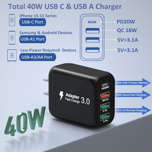 Bangfun 40 W 4-Port USB C Fast Charging Block – Dual Pack Multi-Device Power Adapter Featuring Quick Charge 3.0 for i Phone 11-15 Pro Max, Samsung A13/A54, Pixel – Ultimate Compact Charger for Home, Office & Travel Efficiency