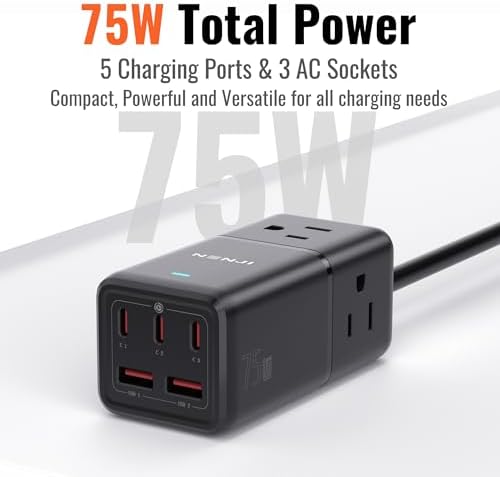 NENJI 75 W Ga N USB-C Super Fast Charging Station – 8-in-1 Power Strip with 5 USB Ports & 3 AC Outlets for Ultimate Device Compatibility – Smart Charging Technology for i Phone, Samsung, i Pad, Mac Book – Compact Travel-Friendly Design for Home or Office Use – Optimize Your Charging Efficiency and Speed