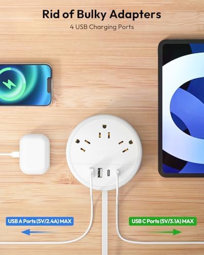 Stylish NTONPOWER Purple Extension Cord with 3 AC Outlets & 4 USB Ports (2 USB-C) – 4 FT Flat Power Strip for Kawaii Dorm & Office Decor – Compact, Versatile Charging Station for Modern Workspaces