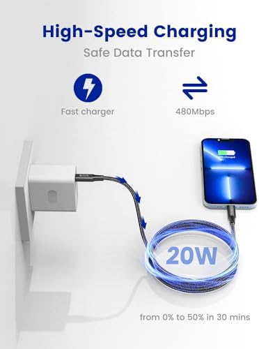 Extra Long 20 Ft MFi Certified USB C to Lightning Charging Cable – Fast Charging Nylon Braided i Phone Cord for Ultimate Flexibility with i Phone 14/14 Pro/14 Pro Max/13/12 and i Pads – Durable and Tangle-Resistant Design for Home, Office, and Travel Use