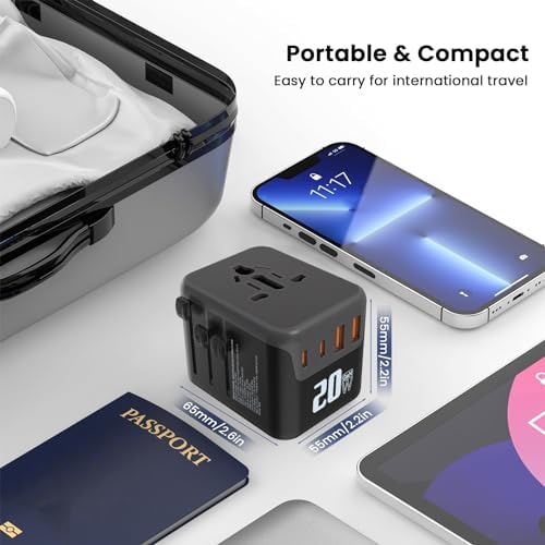Ultra-Compact Ga N Travel Adapter with 20 W PD Fast Charging | 5-in-1 Universal Power Converter Featuring Dual USB-C & USB-A Ports for Global Compatibility in 200+ Countries – Lightweight & Efficient Travel Solution for Modern Explorers
