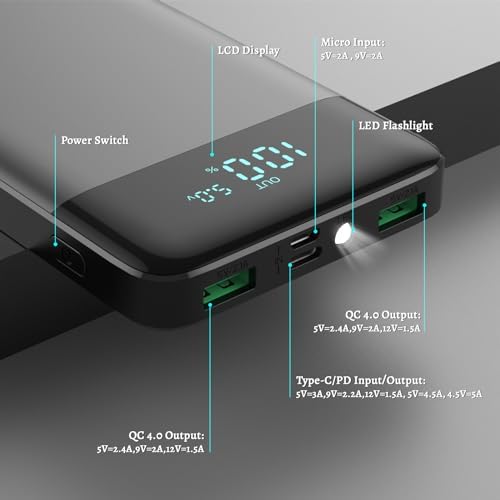 Ultra Slim 10800 m Ah Portable Charger with LCD Display – Fast Charging Power Bank with 20 W PD USB-C Output, Ideal for i Phone 15, 14 & Samsung Android – Compact Power Solution for On-the-Go Charging