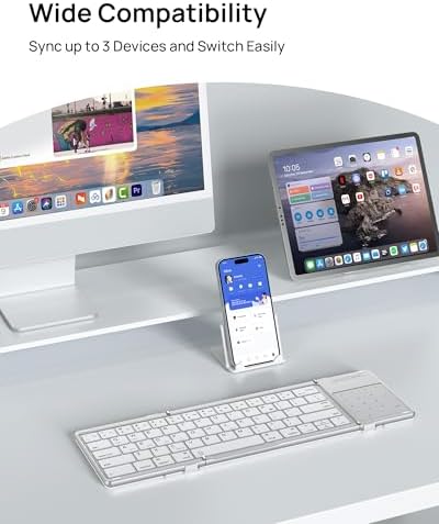 SODI Portable Foldable Wireless Keyboard with Touchpad – Rechargeable Travel-Friendly Keyboard for Mac, i Pad, and i Phone – Includes PU Leather Cover and Stand Holder for Enhanced Productivity on the Go