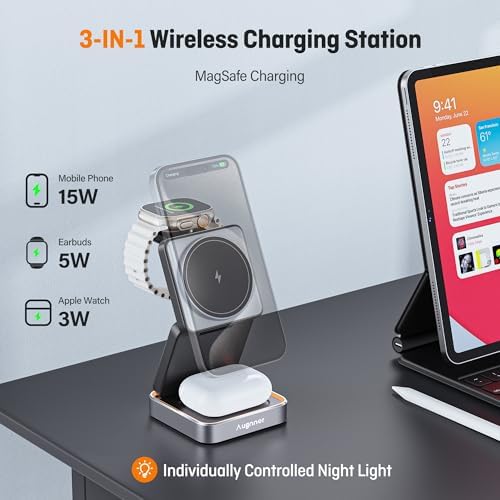 Ultimate 3-in-1 Foldable Wireless Charging Station with Night Light – 2025 Enhanced Apple Mag Safe Compatible Charger for Fast 15 W Charging, Perfect for Travel and Home Use – Stylish & Functional Design for i Phone, Air Pods, and Apple Watch