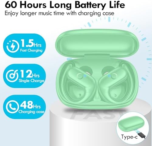 Kurdene Wireless Sport Earbuds – Ultra-Comfortable Bluetooth Headphones with 60 Hours Playtime, Immersive Deep Bass Sound, and Secure Over-Ear Fit for Active Use – Perfect for Running, Workouts, and Business Calls – Lightweight, Sweat-Resistant Design in Sleek Black Finish