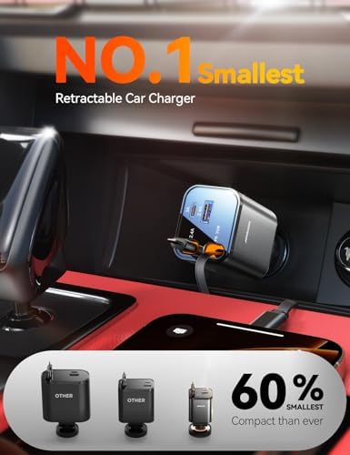 JOYROOM Ultra-Compact 84 W Retractable Car Charger – Fast USB-C Charging for i Phone 12-16 | Travel Essential Car Adapter for Quick Device Power-Up | Sleek Design, Tangle-Free Cable, Perfect Gift for Men & Women