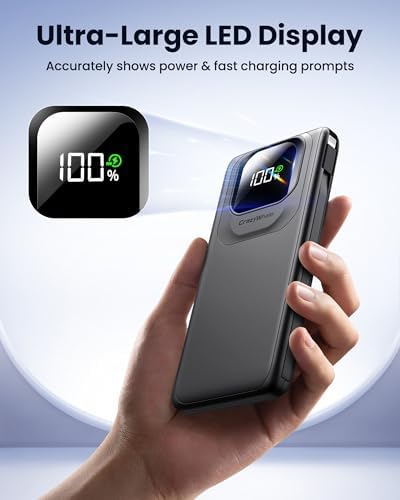Ultra-Slim 10000 m Ah Portable Power Bank with Integrated Type C Cables | 22.5 W Rapid Charging Battery Pack with Smart LED Display | All-in-One Travel Charger for i Phone, Android & USB-C Devices – Maximum Efficiency and Convenience on the Go
