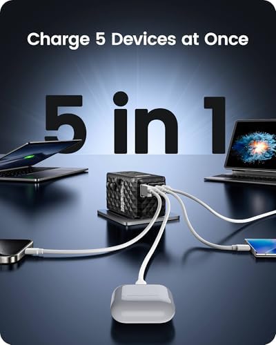 85 W Universal Travel Power Adapter with Retractable USB-C Cable – Optimal Fast Charging Hub for Global Use, Featuring 4 Ports for Seamless Connectivity in US, EU, UK & Beyond, Engineered for On-the-Go Professionals Seeking Efficiency and Versatility