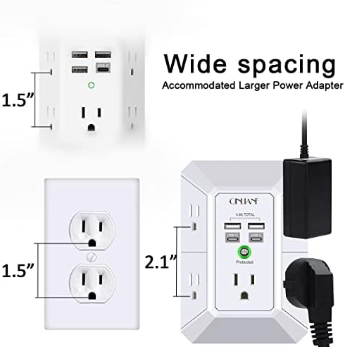 QINLIANF 5-Outlet USB Wall Charger with Surge Protection – 4 USB Ports (4.8 A Total) Power Strip Extender, 3-Sided Design for Easy Access, 1680 J Surge Defense, Compact Multi-Plug Adapter for Home, Travel, and Office Use – Elevate Your Charging Experience with Versatile Compatibility and Safety