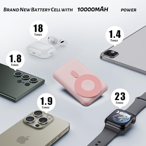 Ultra-Fast 10000 m Ah Portable Power Bank with Built-In Cables – Magnetic Wireless Charging for i Phone, Samsung, Android, Apple Watch & Air Pods – Sleek Gold Pink Design for Effortless On-the-Go Charging