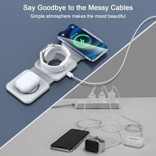 RTOPS 3-in-1 Magnetic Wireless Charging Station for i Phone 16/15/14/13/Pro/Max, Apple Watch, and Air Pods – Fast Ga N Technology for Ultimate Efficiency and Portability – Travel-Friendly Multi-Device Charger with Adapter Included – Simplify Your Charging Experience with Enhanced Compatibility and Speed