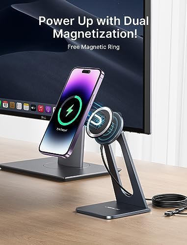 Magnetic Wireless Charging Stand by JSAUX – Effortless Fast Charging for i Phone 12/13/14/15/16 Series – Sleek Grey Design for Ultimate Compatibility and Portability – Ergonomic Mag Safe-Compatible Holder for Seamless Device Usage During Charging
