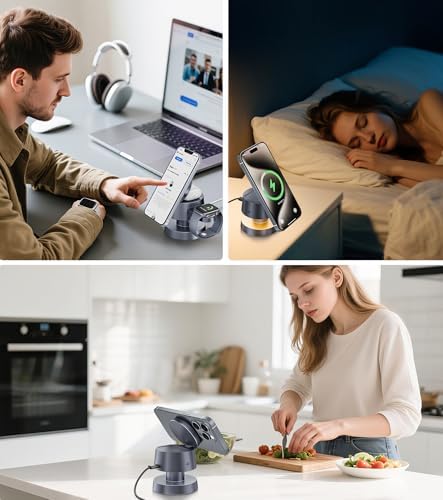 Sleek 4-in-1 Wireless Charging Station with Night Lamp – Fast Aluminum Alloy Charger Dock for i Phone 16/15/14/13/12, Apple Watch & Air Pods – Multi-Device Convenience in Stylish Grey Finish – Ideal for Decluttering Nightstands and Workspaces