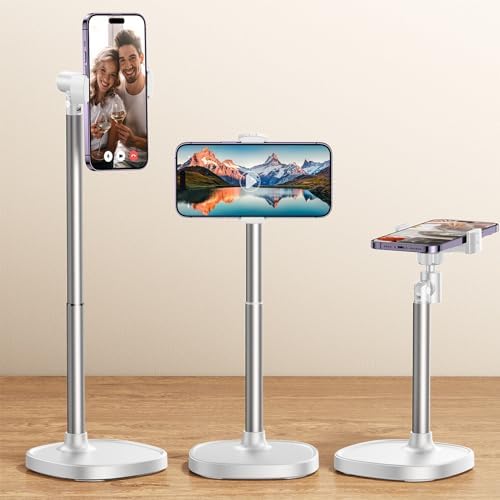 DIMONCOAT Adjustable Aluminum Alloy Cell Phone Stand – White, Universal Compatibility with 4-7 inch Devices, 180° Flip & 360° Rotation – Enhanced Compatibility and Speed