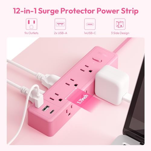 Stylish Pink Surge Protector Power Strip by NTONPOWER – 15 FT Flat Extension Cord with 9 AC Outlets & 3 USB Ports (1 USB-C), 1080 J Surge Protection for Home, Dorm, and Desk Use – Perfect for Women Seeking Efficiency and Aesthetic