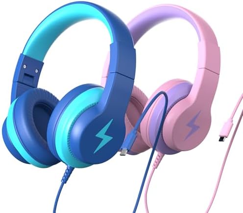 Unleash Your Child’s Potential with Premium USB-C Over-Ear Headphones – Crisp HD Audio, Safe Volume Control for Young Ears, Perfect for Learning and Adventure, Compatible with i Pads, PCs, Tablets – Stylish Foldable Design in Eye-Catching Blue for Ultimate Comfort and Engagement