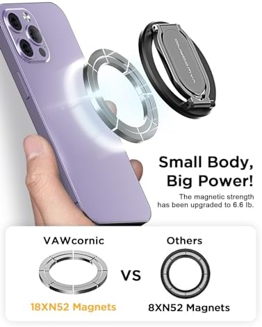 VAWcornic Magnetic Phone Ring Holder: Dual-Sided Grip & Stand for Mag Safe i Phone 14/13/12 & All Smartphones – Ultra-Lightweight Design for Optimal Stability and Versatile Viewing Angles