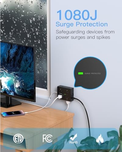 Versatile Surge Protector Power Strip with 8 AC Outlets & 4 USB Ports (2 USB-C), 6 Ft Flat Plug Extension Cord, 1080 Joules Safety Rating, Wall Mountable Charging Station for Home, Office, and Dorm – Streamlined Device Management & Fast Charging Enhanced