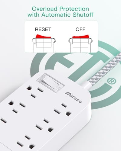 10 FT Flat Plug Power Strip with 6 Outlets and 4 USB Ports – Overload Protection Surge Protector for Home & Office – Versatile Wall Mount Desktop Charging Station for Efficient Power Management and Fast Device Charging