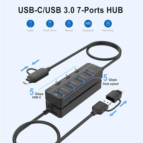 Maximize Your Connectivity with the 7-Port USB 3.0 Hub – High-Speed Multiport Adapter for Thunderbolt 3/4 | Long USB-C Cable for Effortless Access | Ideal for Mac Book, i Mac & Surface Pro | Compact, Travel-Friendly Design for Home & Office Use