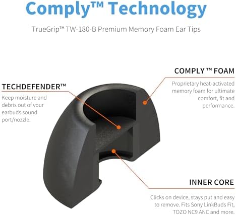 Upgrade Your Audio with Comply TW-180-B Memory Foam Earbud Tips | Tailored for Sony Link Buds Fit & TOZO NC9 | Unrivaled Comfort, Secure Fit, and Noise Isolation | 3 Pairs for Optimal Listening Experience | Perfect for Music Lovers Seeking Clarity and Comfort