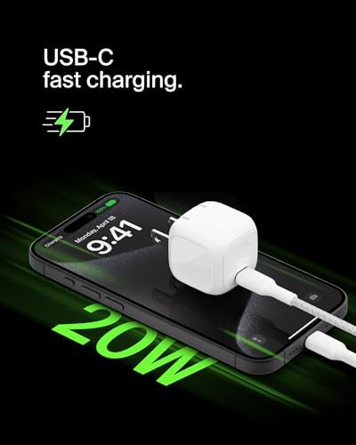 Belkin 20 W USB-C Power Delivery Charger Block – Ultra-Compact Fast Charging Adapter for i Phone 16, Samsung Galaxy S25, Google Pixel & More – Sleek, Portable Design with Advanced Safety Features for Home, Office, and Travel.