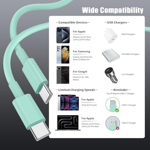 6-Foot USB C Cable for i Phone 15 – 3-Pack Durable Woven Fast Charging Solution for i Phone 16, Mac Book Pro, and Samsung Galaxy S23 Ultra – Optimal Length for Home, Office, and Travel Use – 60 W Power Delivery & High-Speed Data Transfer