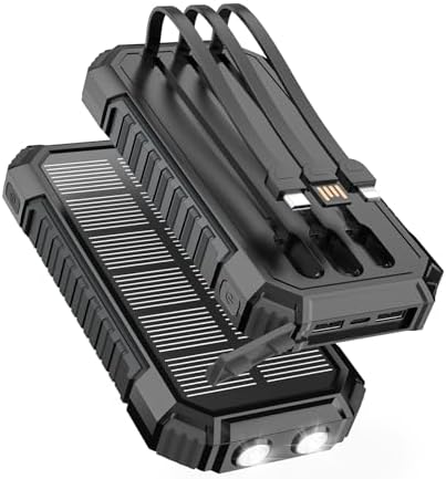 FEELLE 27000 m Ah Solar Power Bank: Ultimate Fast Charging Outdoor Charger with Dual Built-in Cables & LED Flashlights for Camping & Hiking – All-Device Compatibility & Solar-Powered Convenience