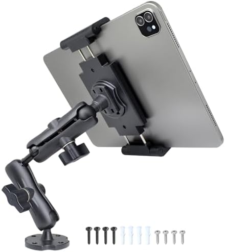 Heavy-Duty Aluminum Dual Arm Tablet Mount with 4-Point 360° Rotation – Secure Drill Base for 6.5″-12.9″ Devices (i Pad, Galaxy Tab, Surface) – Versatile Mounting Solution for Home, Office, and Vehicle Use – Ultimate Stability and Flexibility
