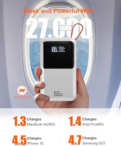 Ultimate 65 W Portable Laptop Power Bank – 27,000 m Ah Triple Port Fast Charger with Integrated USB-C & Lightning Cables | TSA-Compliant for Hassle-Free Travel | Smart Display & Enhanced Safety Features for Mac Book, i Phone, & Steam Deck | Your Essential On-the-Go Charging Solution for Maximum Productivity