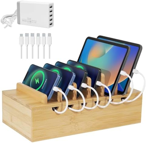 Eco-Friendly Bamboo Charging Station for Multiple Devices – 5-Port USB Docking Organizer with 6 Charge Cables for i Phones, Tablets, and Laptops – Space-Saving Design for Enhanced Efficiency and Fast Charging