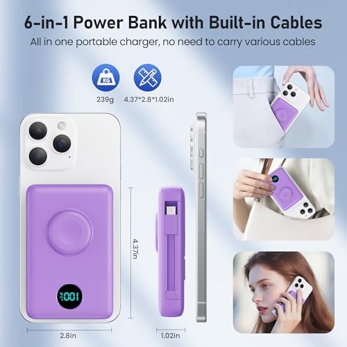 Revolutionary Magnetic Portable Charger for i Phone – 6-in-1 Power Bank with 10,800 m Ah Capacity, Built-in Cables, Apple Watch Charger, and LCD Display – 25 W PD Fast Charging for i Phone 16/15/14/13/12 and Mag Safe Compatibility – Ultimate On-the-Go Charging Solution