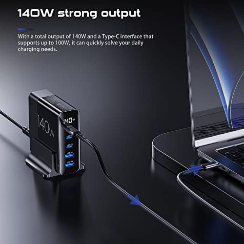 Maximize Your Charging Efficiency with a 140 W Ga N USB-C Charger Featuring LED Display – 5-Port Desktop Power Station with 3 USB-C & 2 USB-A Ports for Fast Charging Multiple Devices Including Mac Book Pro, i Phone, i Pad, and Laptops – Ultimate Compatibility and Performance