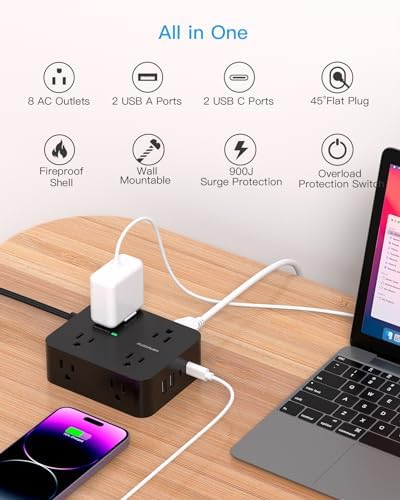 Maximize Your Power Efficiency with HANYCONY 5 Ft Ultra Thin Flat Plug Surge Protector Power Strip – 8 Outlet Extender & 4 Fast-Charging USB Ports (2 USB-C) for College Dorm Room Essentials – 1080 Joules Surge Protection & Wall Mount Design in Sleek Black Finish