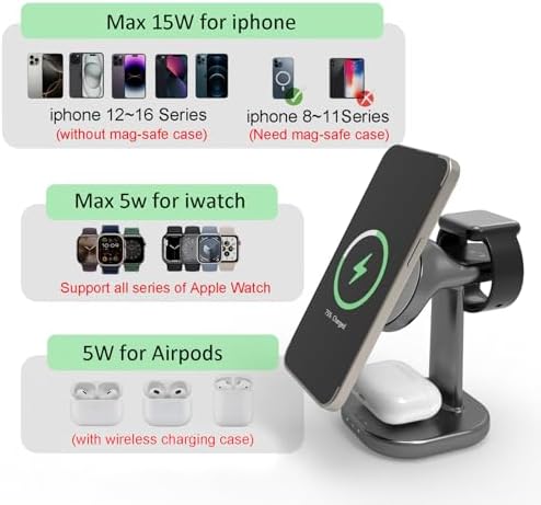 Premium 3-in-1 Magnetic Wireless Charging Station for i Phone, Apple Watch & Air Pods – Fast 15 W Charging with Ultra-Strong N52 Magnets for Secure Hold, Adjustable Stand & Smart Cooling Technology – Sleek Gray Design for Home & Office Use
