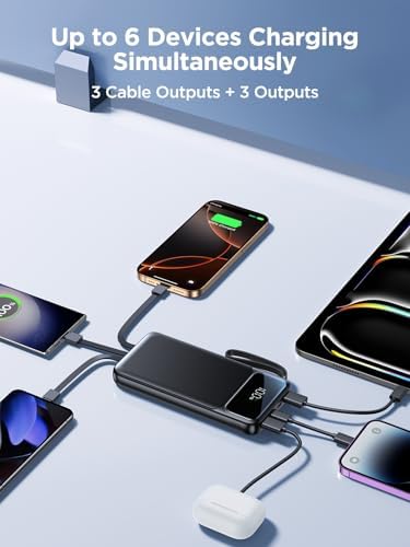 Ultra-Slim 10000 m Ah Power Bank with Built-In Cable – 22.5 W Fast Charging Portable Charger for i Phone, Samsung, Pixel & More – 6 Outputs, 3 Inputs, LED Battery Indicator – Essential Travel Companion for Busy Lifestyles