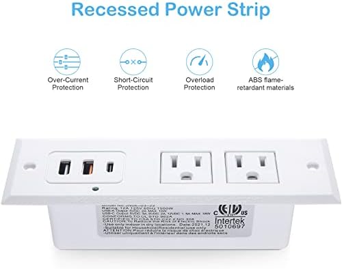 Revolutionize Your Charging Setup with the CCCEI Recessed Power Strip Featuring 20 W USB-C Fast Charging and USB-A Port – Sleek Hidden Outlet Solution for Side and End Tables, Complete with 6 FT 45-Degree Flat Plug for Effortless Installation and Enhanced Device Compatibility