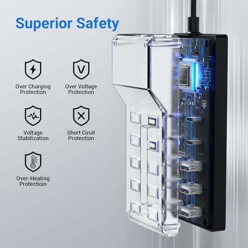 Ultimate 10-Port USB Charging Hub – 50 W Fast Multi-Device Charger Station Compatible with i Phone, Galaxy, i Pad, and More – Smart Power Distribution for Home & Office Use – Sleek, Compact Design for Travel Convenience