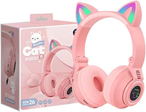 Charming Cat Ear Kids Bluetooth Headphones – Stylish Wireless On-Ear Design with Volume Limiter & LED Lights for Safe Listening – Compatible with Amazon Fire Tablets, Laptops, and More (Vibrant Pink) – Ideal for Toddlers and Young Music Lovers!