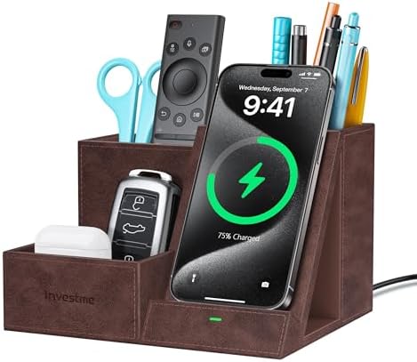 Sleek Multifunctional Wireless Charger and Desk Organizer: Dark Brown Office Essential with Pen Holder, Phone Stand, and 3 Storage Compartments for Enhanced Productivity and Efficient Workspace Management
