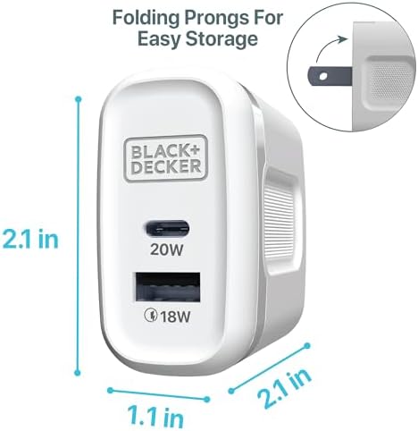 BLACK+DECKER 38 W Dual-Port Fast Charging Wall Adapter – Compact USB-C & Type C Quick Charge Power Supply with Qualcomm QC 3.0 – Perfect for Home, Office & Travel – Versatile PD Charger for Smartphones, Tablets & More