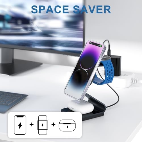 Sleek 3-in-1 Aluminum Alloy Wireless Charger Stand for i Phone, i Watch & Air Pods – Fast Mag-Safe Charging Station with Cable & Adapter Included for Ultimate Device Compatibility and Convenience