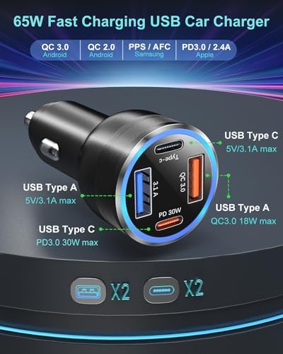 OKRAY 65 W USB C Car Charger – 4-Port Fast Charging Adapter with PD30 W & QC3.0 for i Phone 16/15/14/13/12 Pro Max, Galaxy S25/S24/A35, Pixel 9 – Ultimate Multiport Vehicle Power Solution for Rapid Device Charging on the Go