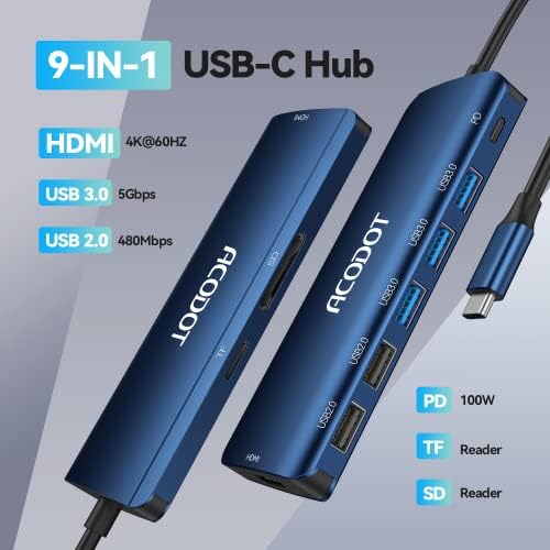 Acodot 9-in-1 USB C Hub: Ultimate 4 K HDMI Adapter with 3 USB 3.0 Ports, SD/TF Reader & 100 W Power Delivery – Stylish Purple Multiport Hub for Mac Book, HP, XPS & More – Boost Your Productivity with Seamless Connectivity and Fast Charging